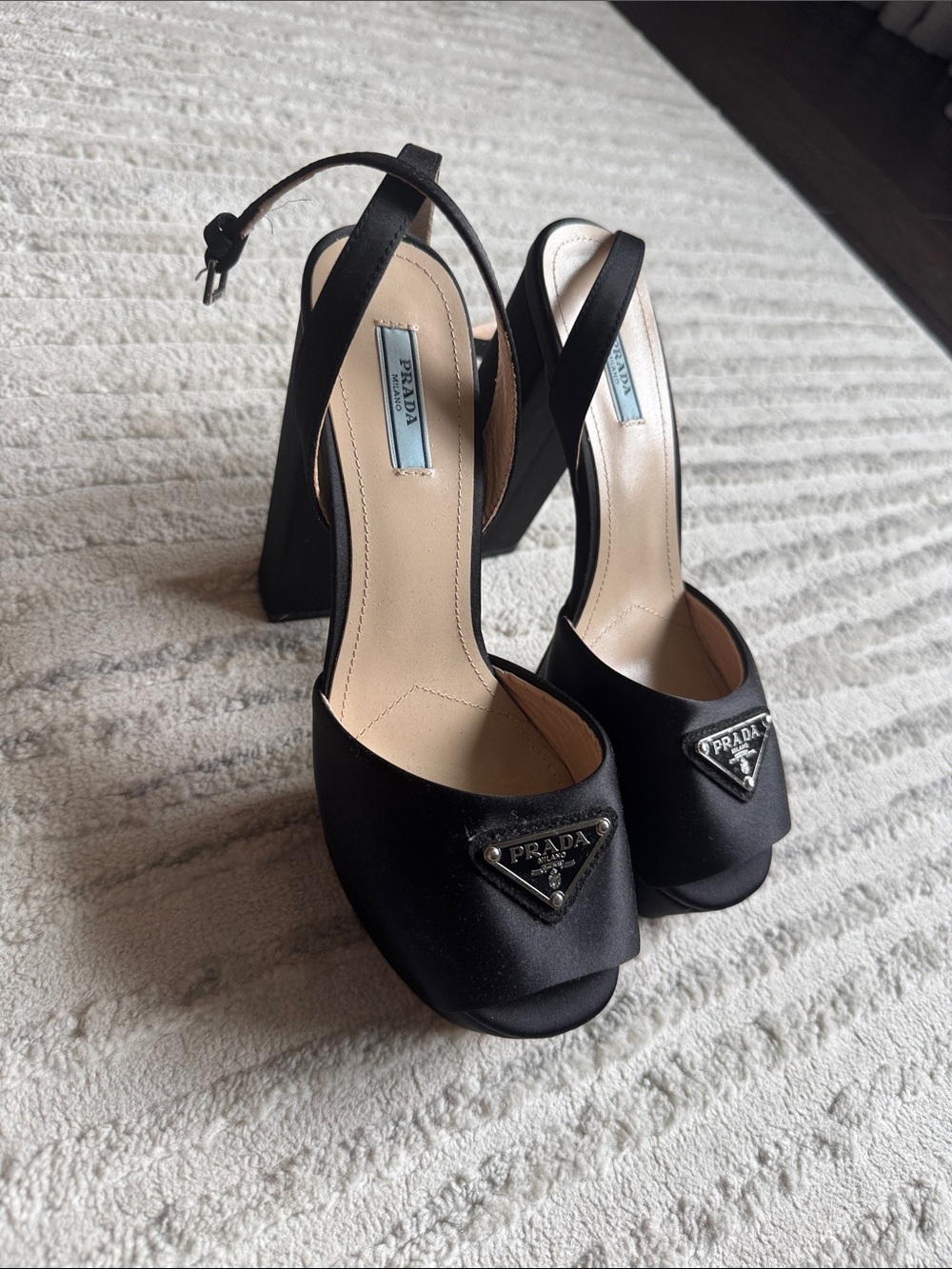 Prada Black Satin Peep-Toe Platform Slingback Heels - WORN ONCE
